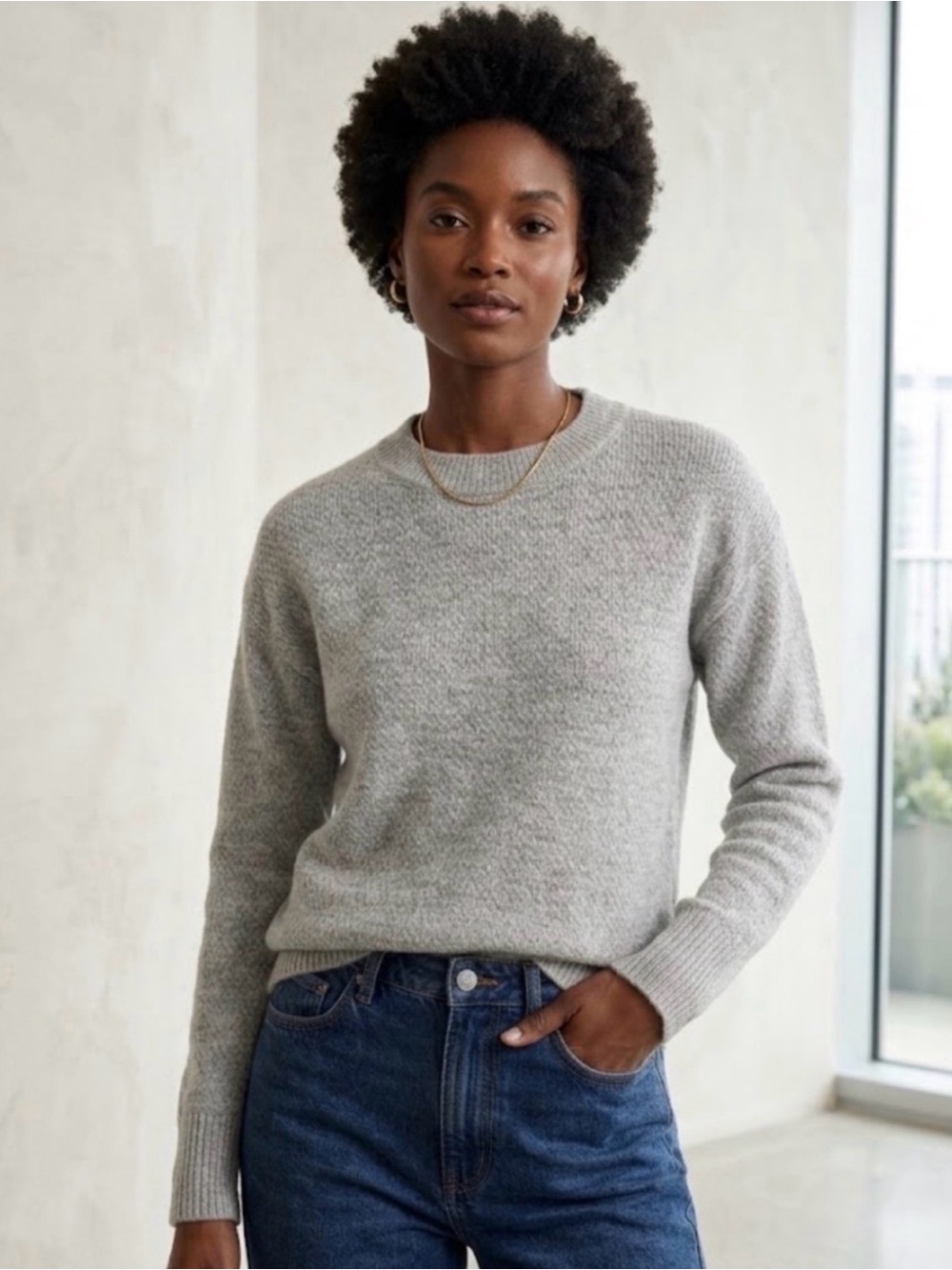 Quince Light Grey Baby Alpaca Wool Diamond Stitch Crewneck Sweater Size XS